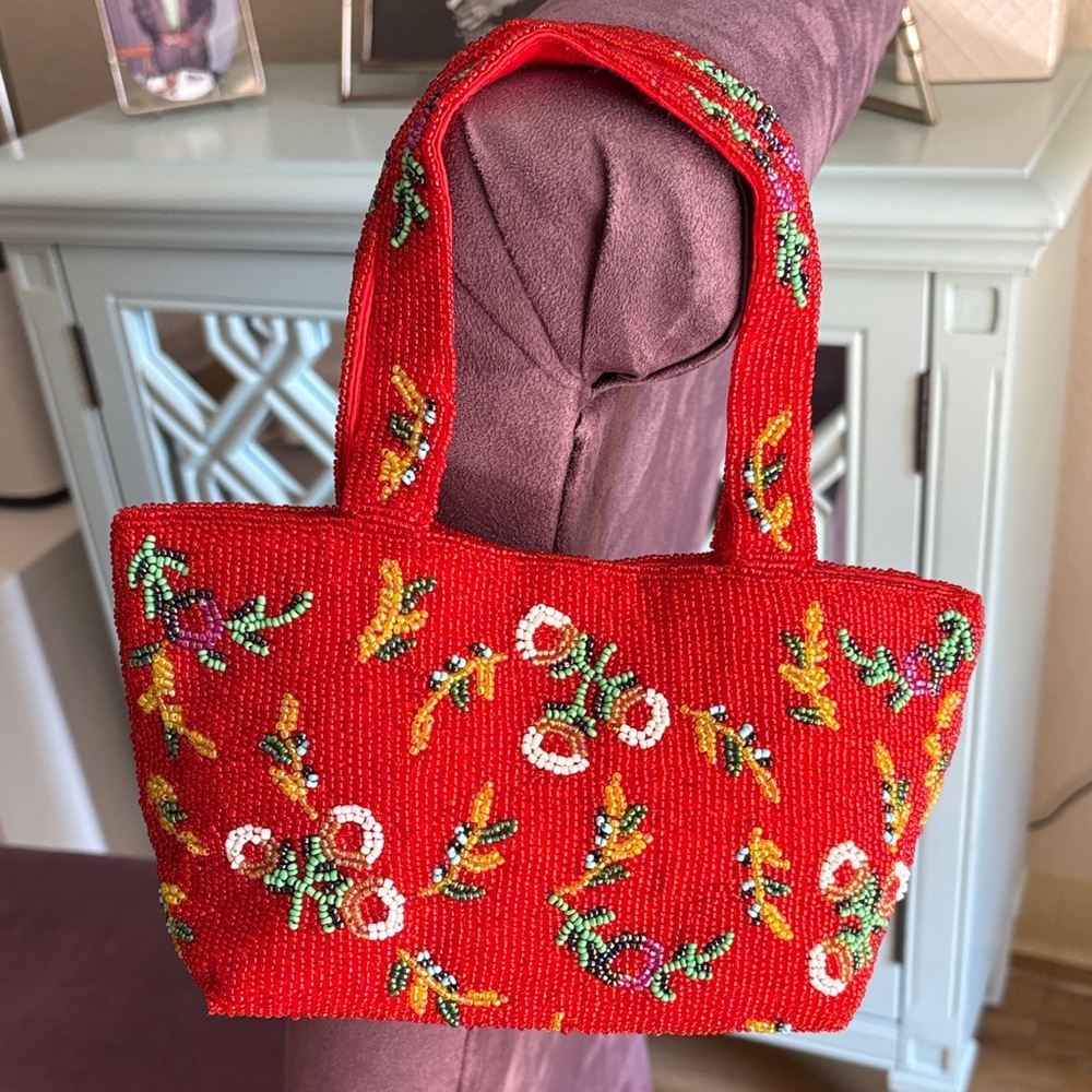 Elegant Red Beaded Tote with Floral Design